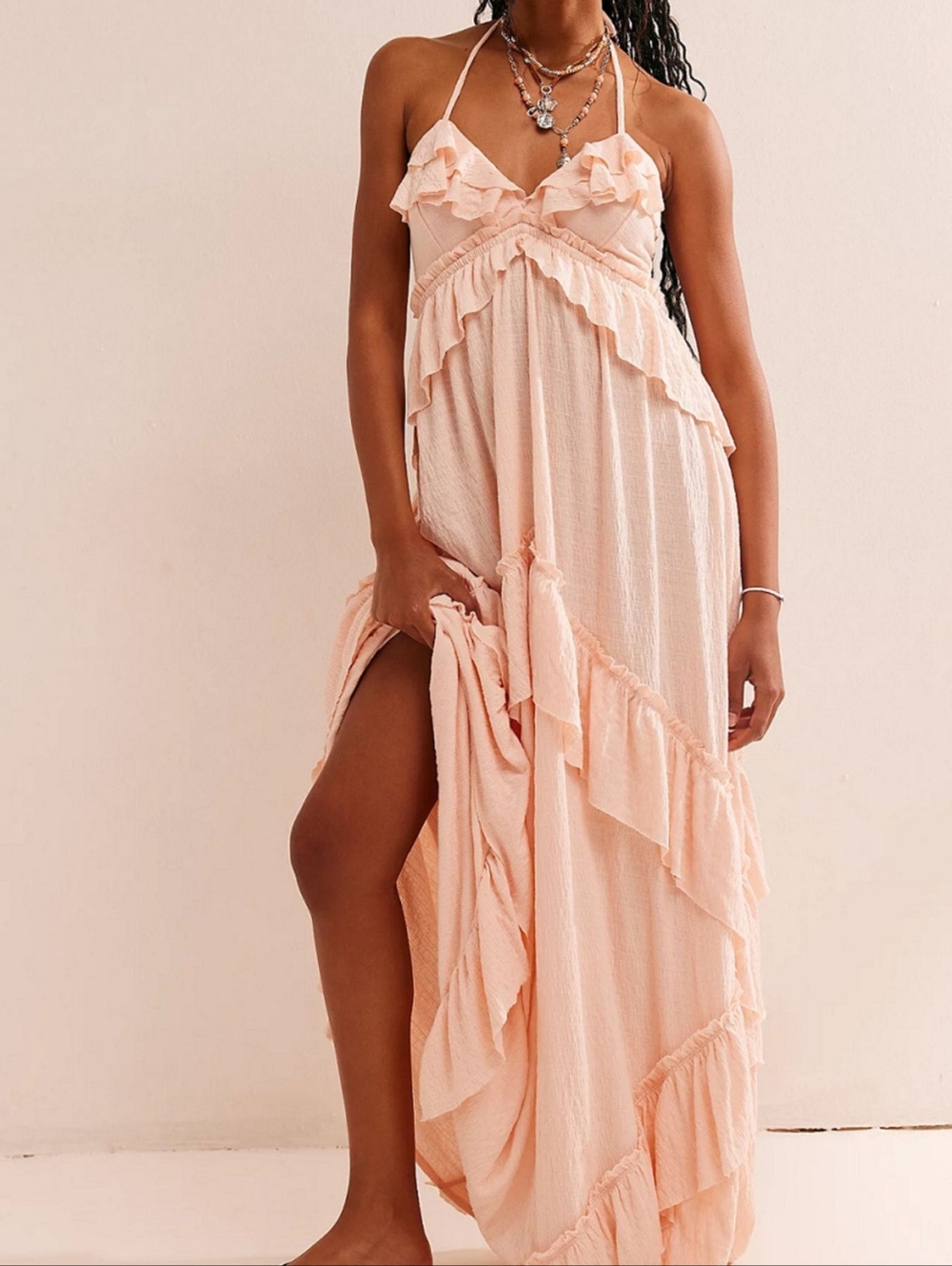 Whimsical Pale Pink Bohemian Tie-Back Maxi Dress  Size S M L XL